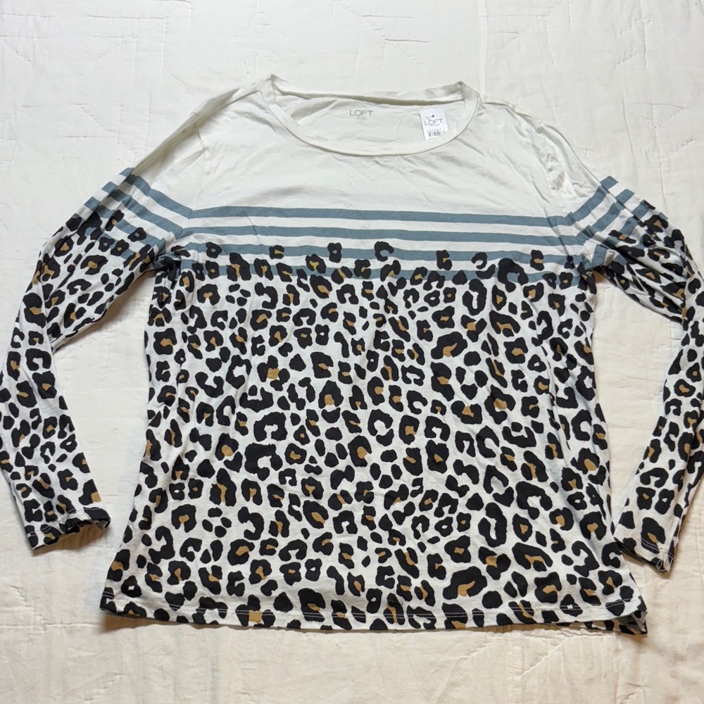 LOFT Outlet Colorblock Leopard Print Long Sleeve T-Shirt White Gray Black NWT